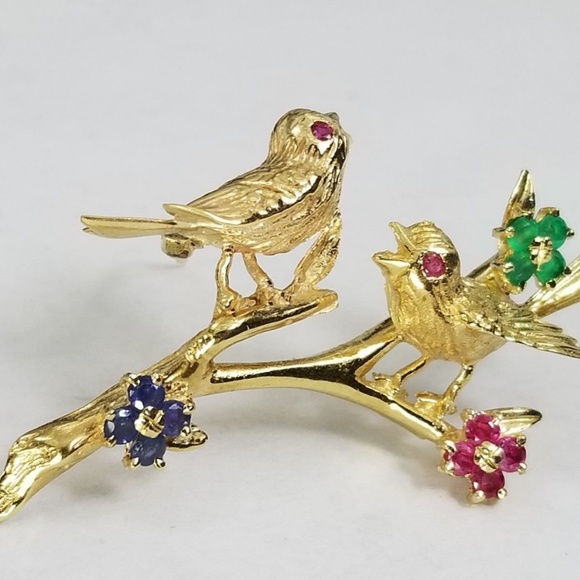 14k Gold Ruby, Emerald, Sapphire Bird Brooch Pin - Picture 8 of 8